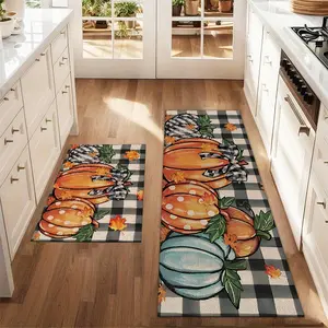 2Pcs Christmas And New Year Printed Kitchen Floor Mat Set With Black And White Checkered And Abstract Pumpkin Floor Mats Farmhouse Kitchen Carpet Restaurant Floor Laundry Room Decoration Carpet Mat, Farmhouse Kitchen Rugs