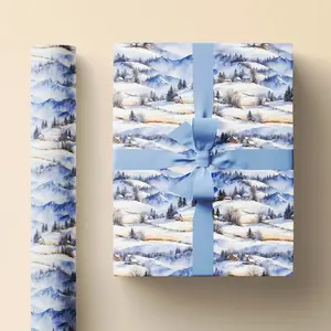 Holiday Cottagecore Wrapping Paper Roll, Vintage-Inspired Watercolor Christmas Village, Pretty and Unique Retro Gift Wrap for Holidays