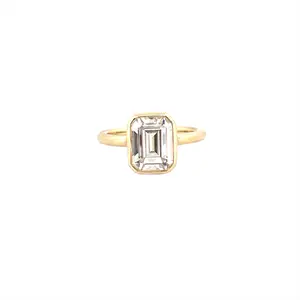 14K Gold 3.00 Carat Emerald Cut Moissanite Bezel Solitaire Engagement Ring