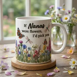 Personalized Nana Wildflower Floral Mug , Butterfly Dragonfly Garden Coffee Cup, Faux Effect, 2D Printed 3D Effect, gift for her, gift for him, gift for mom, gift for dad, gift for friend, birthday gift mug.