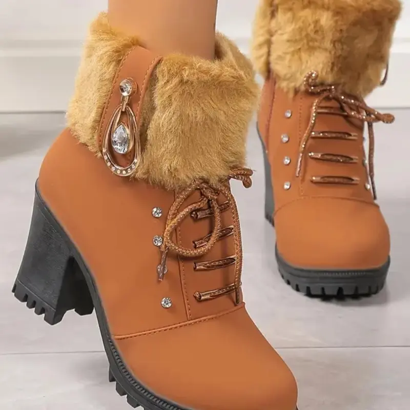 Women's Fashionable Rhinestone Decorated Plush Lining Ankle Heeled PU Leather Boots, Casual Comfortable Round Toe Boots for Fall & Winter, Female All-match Trendy Shoes for Daily Wear Winter Booties, Heeled Boots