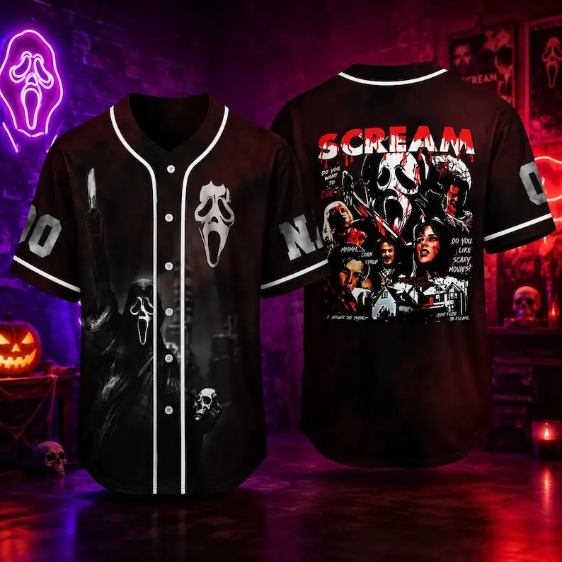 (Custom Jersey) jeSpooky Ghostface Halloween Baseball Jersey, Custom Horror Movie Shirt, Personalized Name Number Jersey, Scary Season Fan Gift
