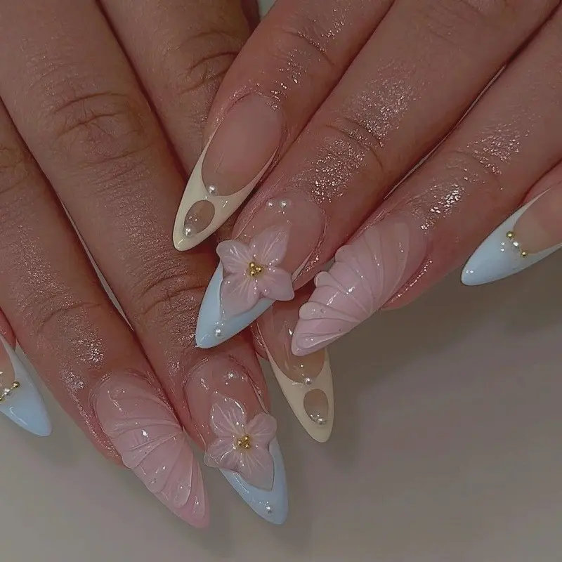Almond Shape Medium Nails, 24-Piece Set, Floral Shell Pearl Design, Reusable False Nails, Perfect for Parties and Daily Wear, Almond Fake Nails
