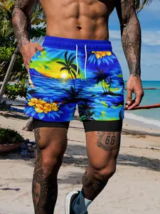 Men's Summer New Island Sunset Print Beach Pants, Dual-Layer Anti-Slip, Breathable Quick-Dry Casual Swimwear, Fitted Drawstring Waist, Swimming Shorts