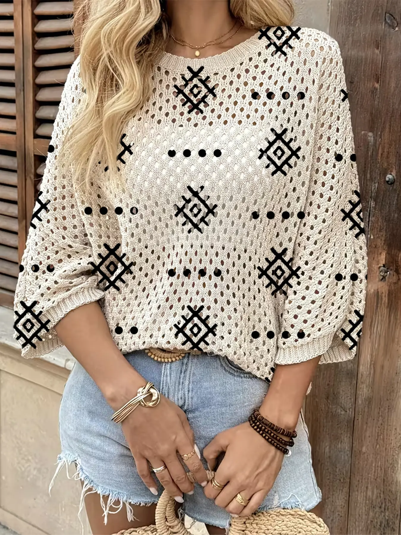 Spring Summer Women's Hollow Out Batwing Sleeve Knit Top, Colorblock Geometric Print, Casual Elegance Commuter Wear, Boho Beach Cover-Up, Knitwear