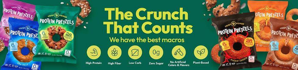 Crisp Power Protein Pretzels, NEW Cheddar , High Protein Snack, 26G Protein, Low Carb Crunchy Pretzel Snacks, No Added Sugar, 1.75 oz Bags, 6 Pack, Vegan, Plant-Based, Keto