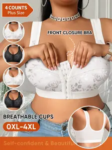 4pcs Front Closure Bralettes, Modern Chic Style, Wire-Free Support, Full Coverage, Casual Wear, All Seasons, 0xl-4xl Curvy Figures