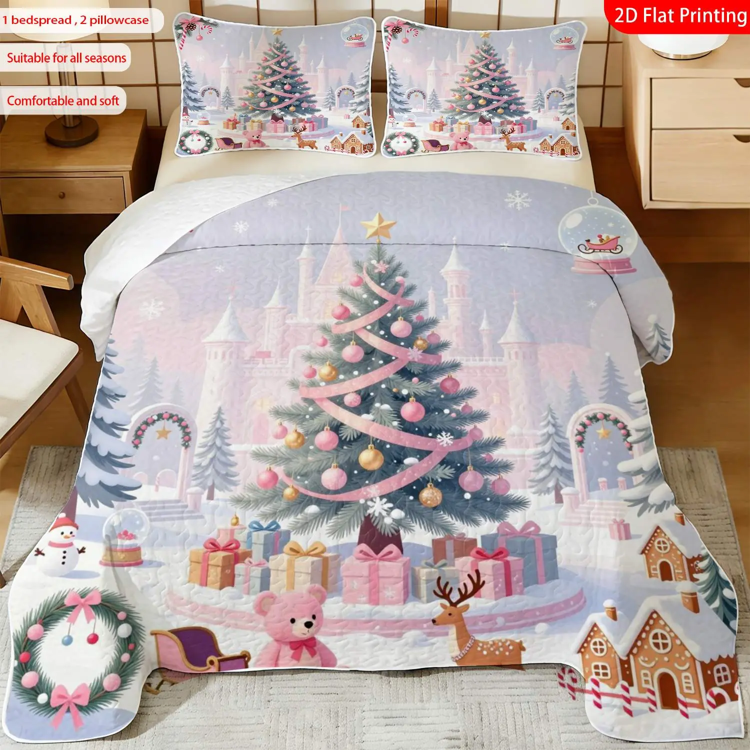 3 pcs, 2D flat print Watercolor Christmas Tree Castle Pattern Bed Cover Set, Multiple Sizes Available, Bedding Set, Festive Decorative Bedding, Ideal for Bedroom Décor(1 bedspread , 2 pillowcase)