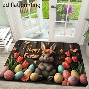 1pc Happy Easter Bunny Easter Egg Floor Mat Wooden Pattern with Butterflies As Decoration for Welcome Mat Festive Carpet Suitable for Indoor and Outdoor Home Decoration
