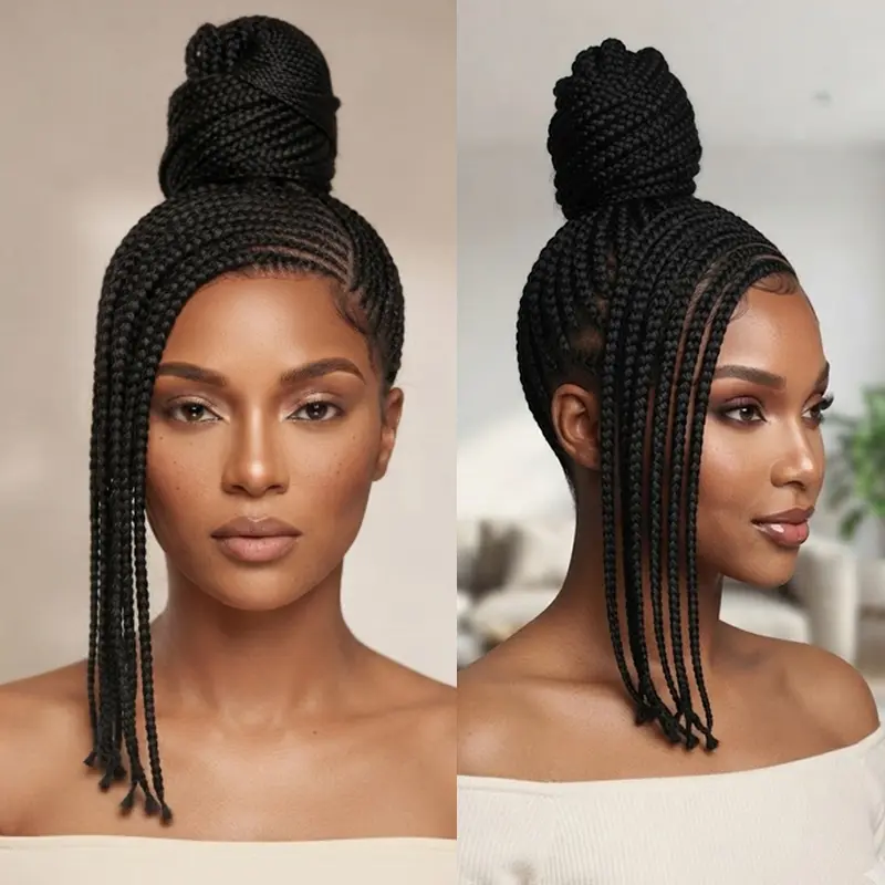 Handmade Full Lace African Braided Wig High Ponytail Stitch Cornrow Knotless Box Braids Wig, Black Braided High Ponytail Wig Straight Back Cornrow Braid Wig Full Lace front Synthetic Glueless African Wig for Black Women