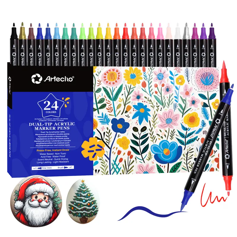 Artecho Acrylic Paint Markers Set - 24/48/60/72/120-colors Multi-Tip (Dual: 1mm Fine, 0.5-5mm Outline/Brush), Quick-Drying, Waterproof Hand Painting Set - Coloring Markers for Adult Coloring, Crafting Art Supplies Gift