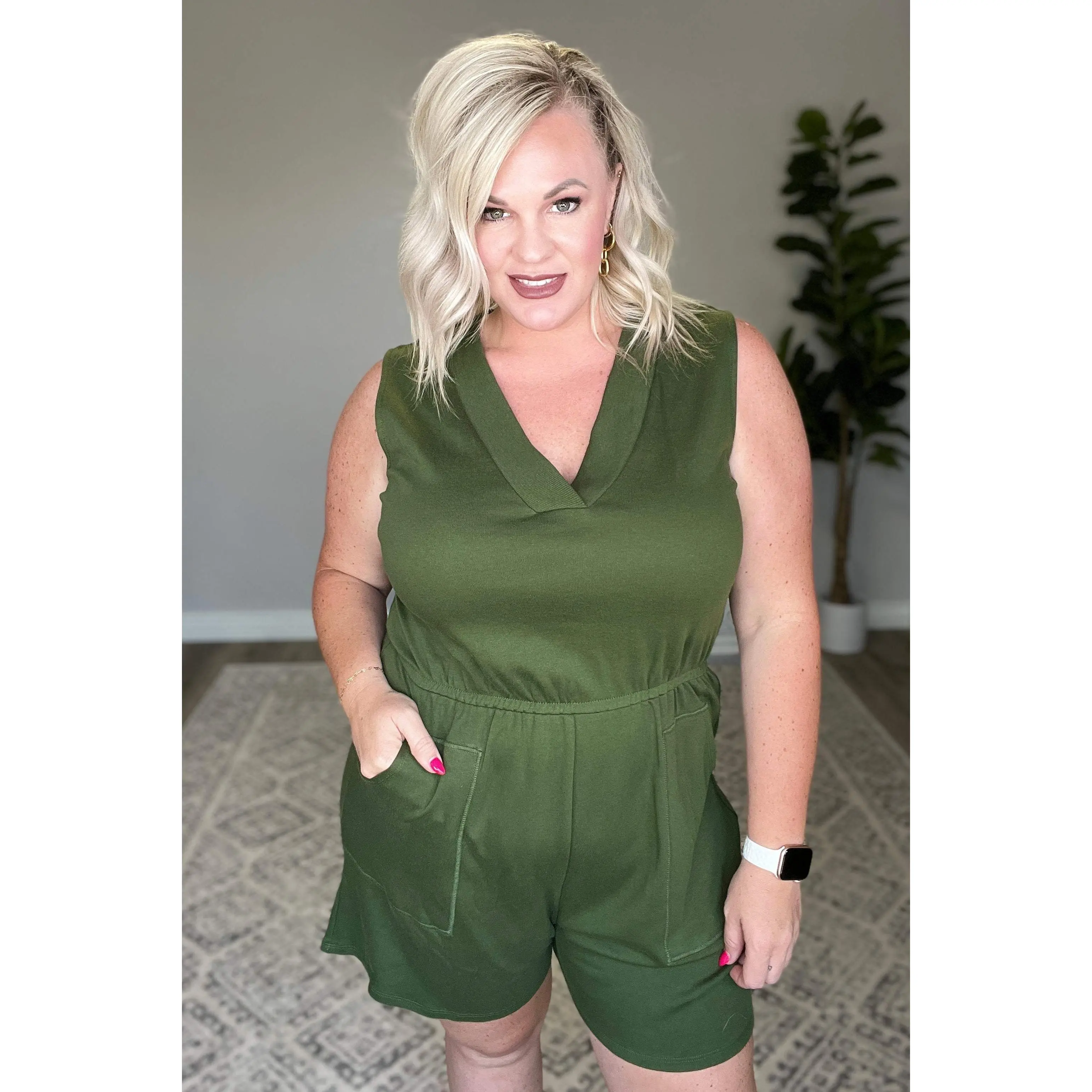 Sleeveless V-Neck Romper in Army Green