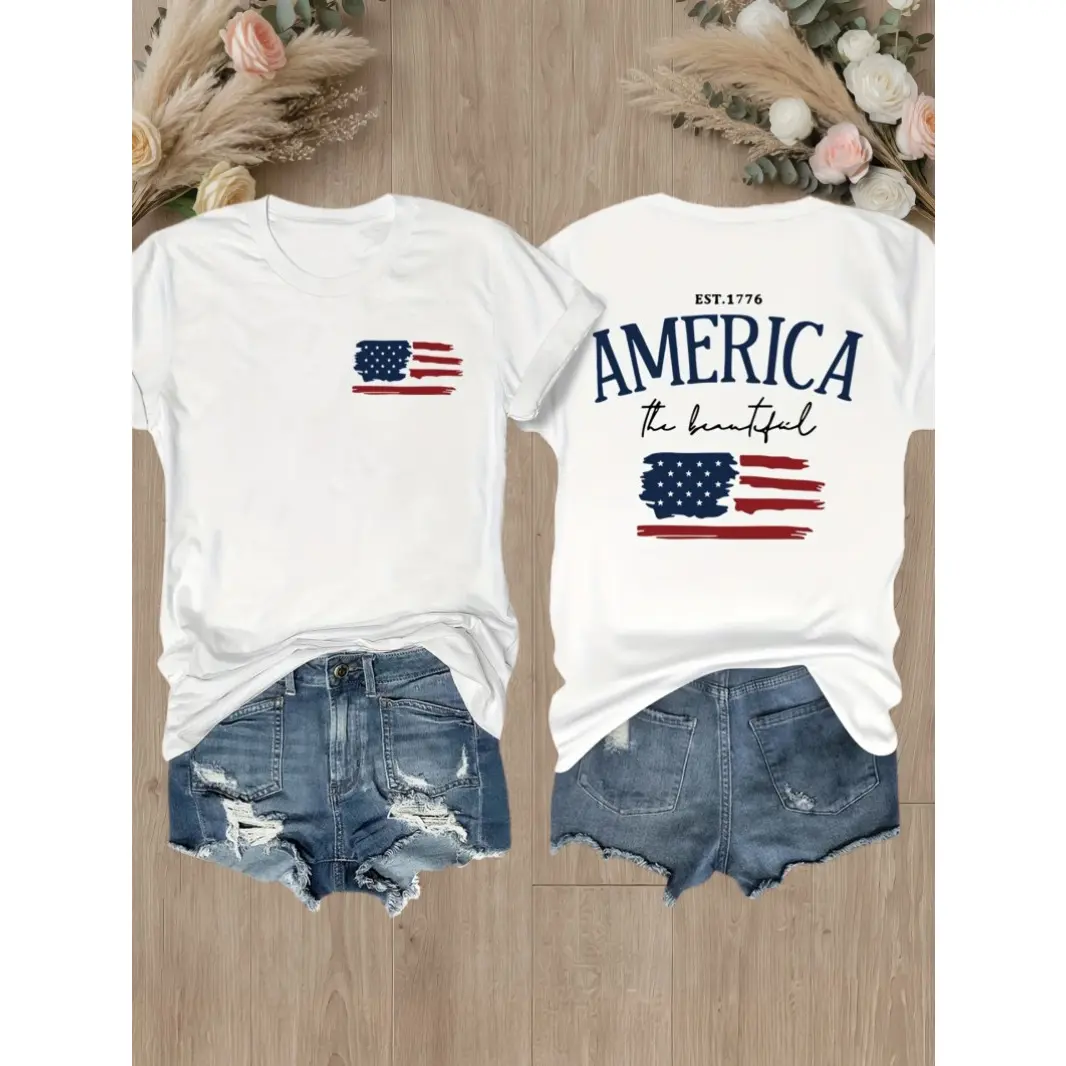 Womens Cotton Short Sleeve Graphic Tee America The Beautiful Vintage Flag Print Casual Summer Top For Fourth Of July Memorial Day Parade Beach BBQ Matching Family Outfits