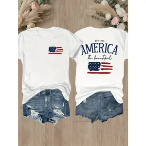Womens Cotton Short Sleeve Graphic Tee America The Beautiful Vintage Flag Print Casual Summer Top For Fourth Of July Memorial Day Parade Beach BBQ Matching Family Outfits