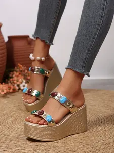 Boho Gemstone Thick Sole Wedge Sandals, Women's Colorful Gem Decor Open-Toe Slippers, Summer Beach Comfort Non-Slip Wedge Shoes