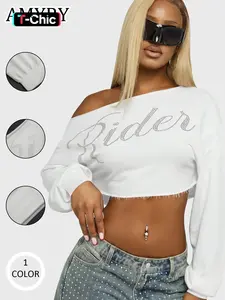 Women's Long Sleeve Casual Loose Fit Crop Top, Casual Sporty Top, Athletic Top, Street Style Rhinestone Hem, All Seasons Fashion, Gym Workout Wear, Perfect for Gym Dance Wear