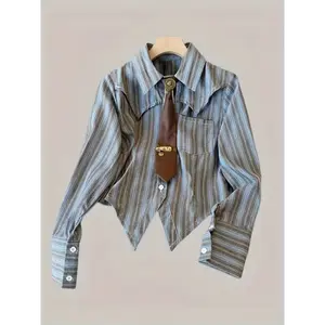 Vintage-Inspired Striped Tie-Waist Blouse for Women - Long Sleeve,include a vintage tie, Button-Up Shirt with Brown Collar & Cufflinks, Polyester, Retro Style for Fall, Ladies Blouses