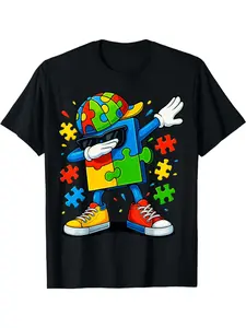 Dabbing Puzzle Autism Awareness T-Shirt – Colorful Puzzle Design with Dancing Character, Casual Crew Neck, Regular Fit, Perfect for Adults, Everyday Wear | Playful Graphic Tee | Vibrant Print Shirt Fabric Top