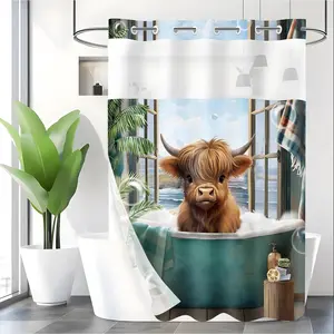 LVRLVR 1pc Farmhouse Highland Cow Shower Curtain with Sheer Top Window, Detachable Liner & No Hook C-Ring, 70.8" x 74"