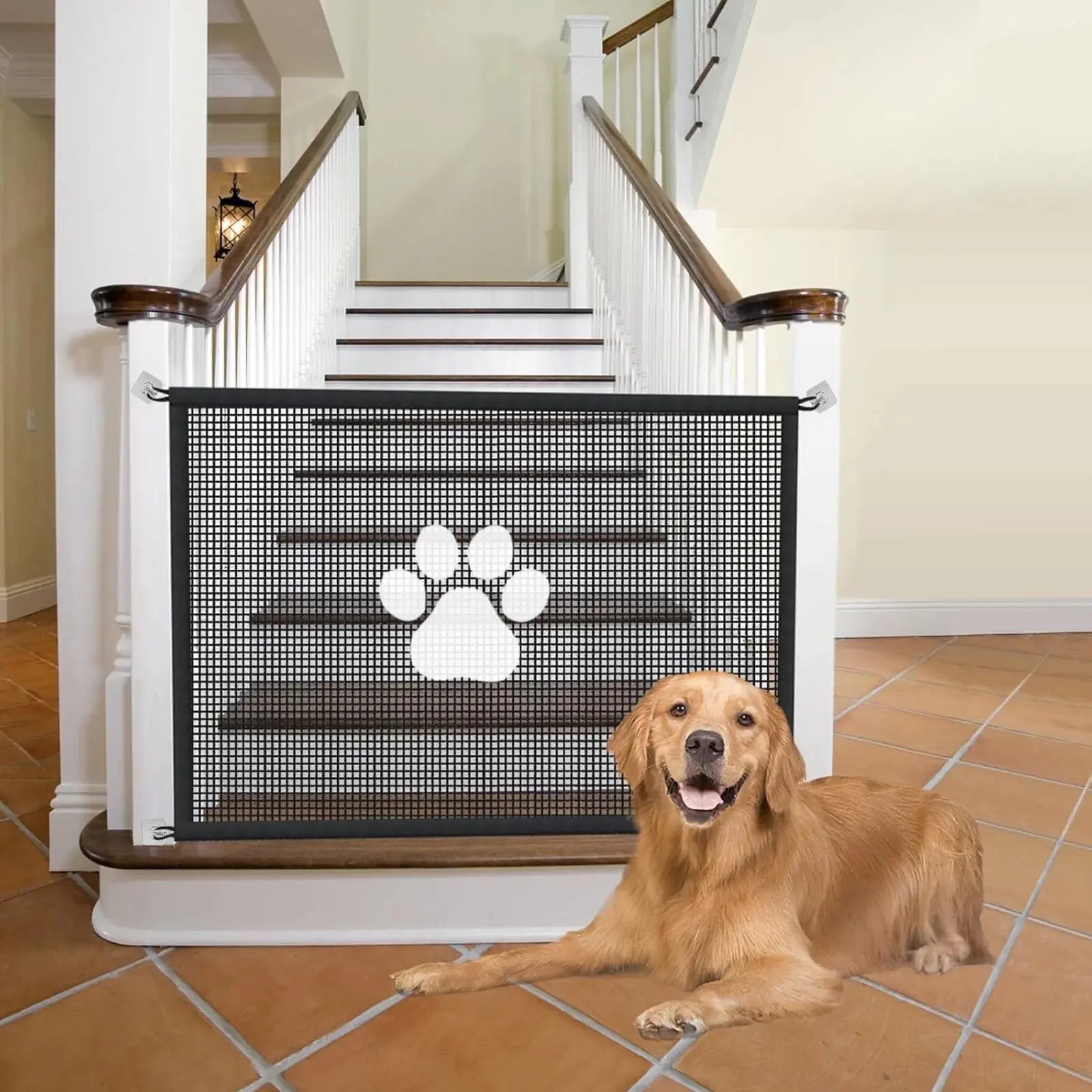 Mesh Pet Gate – 43" W x 31" H, 4 Hooks Included, for Stairs and Doorways, Reusable Installation