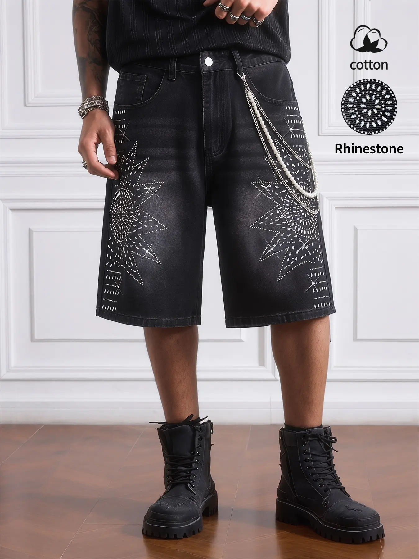 Men's Sparkling Sun Rhinestones Straight Leg Jeans Shorts, Loose Fit, Casual Style, Knee Length, Button Fly, Pearl Chain Gift
