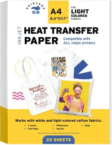 Iron-On Heat Transfer Paper for White and Light Fabric, 20 Pack 8.3x11.7 inch T-Shirt Transfer Paper for Any Inkjet Printer, Long Lasting Printing Transfer Paper for Heat Press