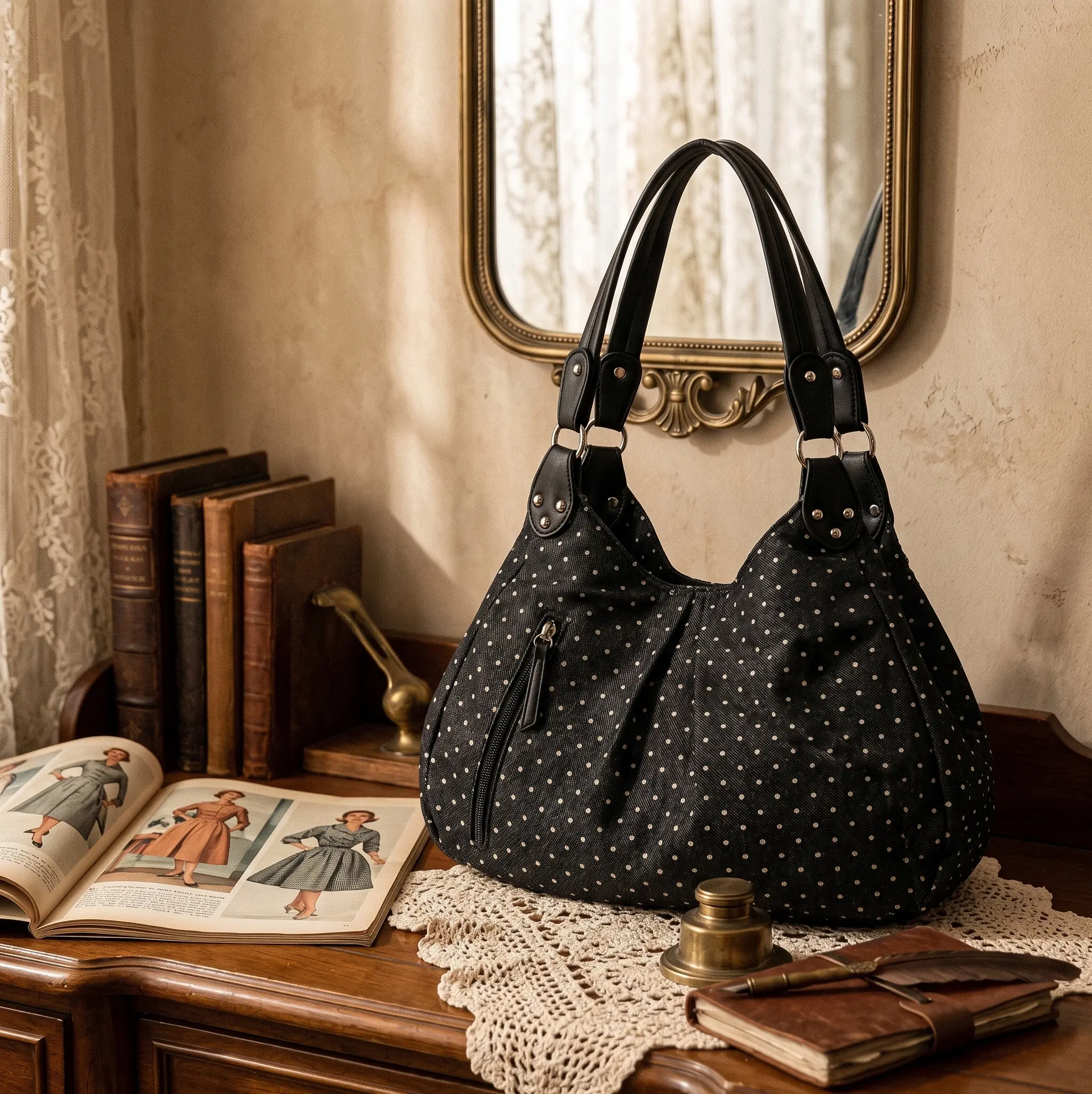 Women's Casual Polka Dot Hobo Shoulder Bag Black Fabric Handbag with PU Leather Straps Slouchy Everyday Purse Featuring Front Zipper Pocket Vintage Inspired Tote for Daily Commute Work and Travel