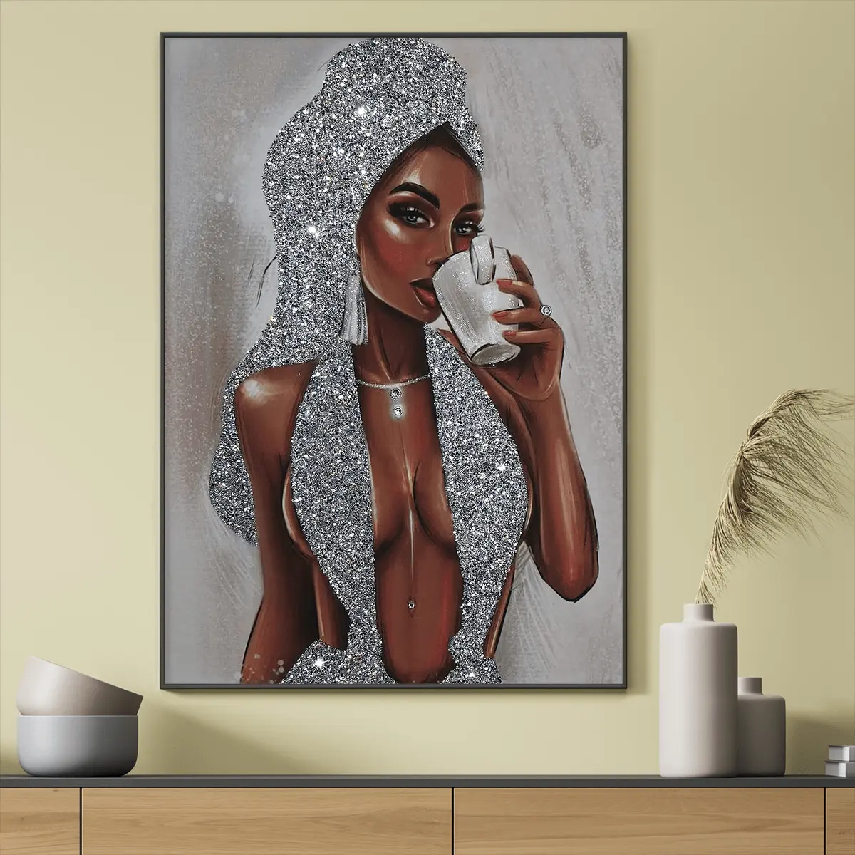 Unframed Black Girl Silver Glitter Print Poster, Sparkly Women Wall Art Picture, Ideal Gift For Hanging Decor, Any Occasions, Living Room, Bedroom