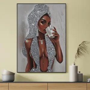 Unframed Black Girl Silver Glitter Print Poster, Sparkly Women Wall Art Picture, Ideal Gift For Hanging Decor, Any Occasions, Living Room, Bedroom