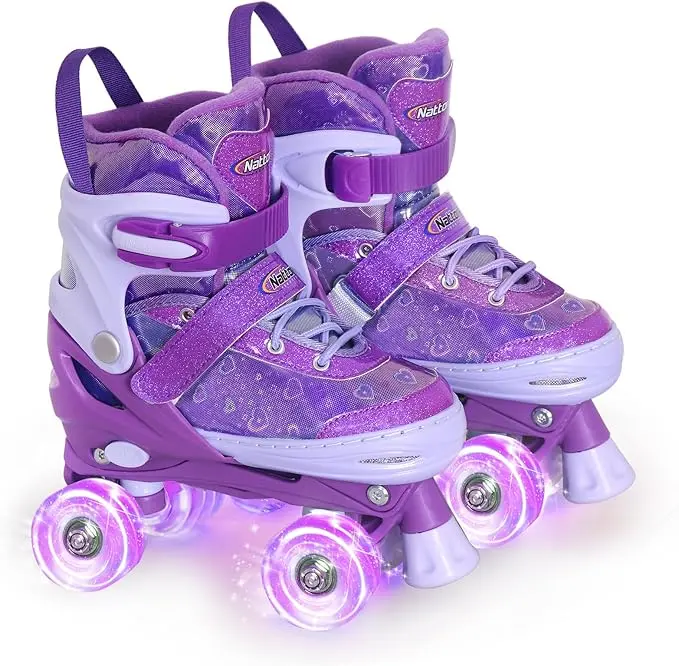 Nattork Kids' Adjustable Quad Roller Skates for Girls - 4 Sizes, Reflective Love Hearts, Glowing Glitter Colored LED Lights-Up Wheels - Indoor Outdoor Sports Birthday Gift