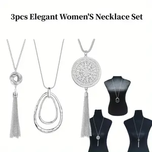 3PCS Long Pendant Necklaces for Women Knot Disk Circle Tassel Statement Sweater Necklace Set