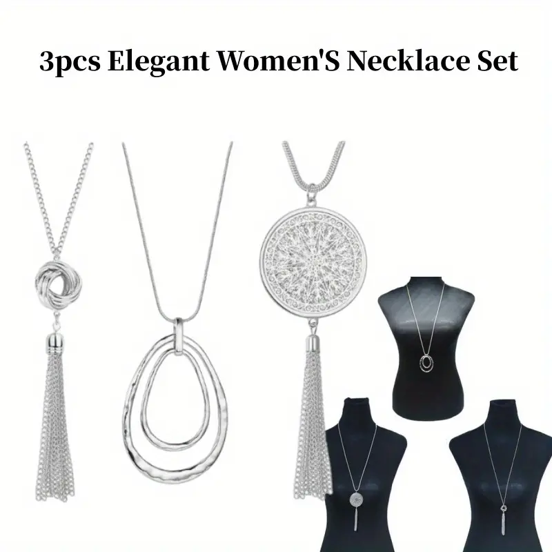 3PCS Long Pendant Necklaces for Women Knot Disk Circle Tassel Statement Sweater Necklace Set
