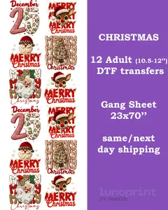 Christmas DTF Transfers Gang Sheet 12 Designs 23x70" Ready To Press for Cotton Polyester & Blends Same/Next Day Shipping