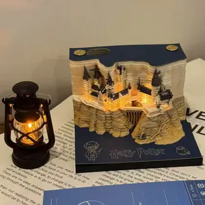 3D Castle & Ferris Wheel Paper Carving Note Pad, Memo Pad with LED Light, Artistic DIY Paper Sculpture for Home Decor & Gifts