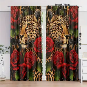 2 Pieces Polyester Light Filtering Curtains, HD Digital Printed Rose and Leopard Patterns, Pocket Rod Design for Bedroom and Living Room Decor