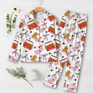 Chicken Nuggets Coquette Satin Pajamas for Women ,Funny Cute Chicken Sleepwear, Comfy Satin Lounge Set for Holiday Gift