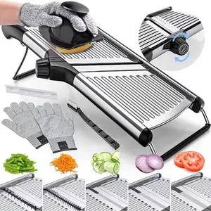 Adjustable Mandoline Food Slicer - Stainless Steel Multi-Function Vegetable Cutter with Cut-Resistant Gloves for Potato, Tomato, Carrot, Fruit & Onion Slicing in Kitchen