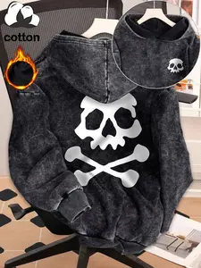Women's Halloween Skull Print Hoodie, Casual Fitted Long Sleeve Pullover, Fall & Winter Cotton Fashion Casual Sweatshirt, Vintage Wash Design
