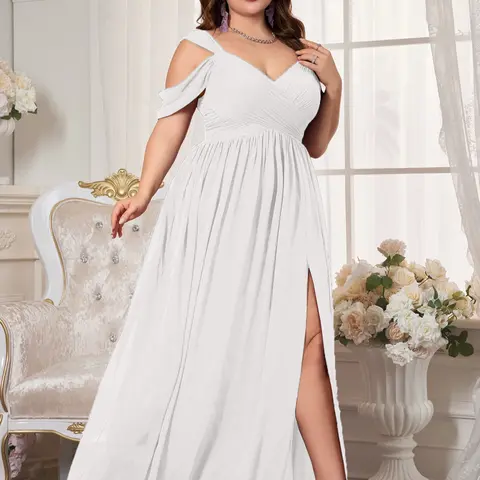 【Black Friday】Elegant Chic V Neck Backless Ruched Chiffon Maxi Dress, Solid Color Flowy A-Line Dress with High Slit, Formal Gown, Bridesmaid Dress, Perfect for Weddings and Special Occasions