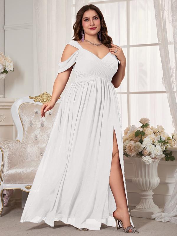 Elegant V Neck Backless Ruched Waist Chiffon Dress, High Slit Bridesmaid Gown, Pure Color Flowy A-Line, Perfect for Weddings Elegant V Neck Backless Ruched Waist Chiffon Dress, High Slit Bridesmaid Gown, Pure Color Flowy A-Line, Perfect for Weddings
