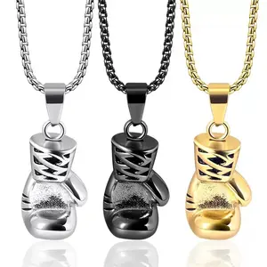 Men's Vintage Boxing Glove Pendant Necklace - 304 Stainless Steel, Titanium Finish, Fashionable Punk Style