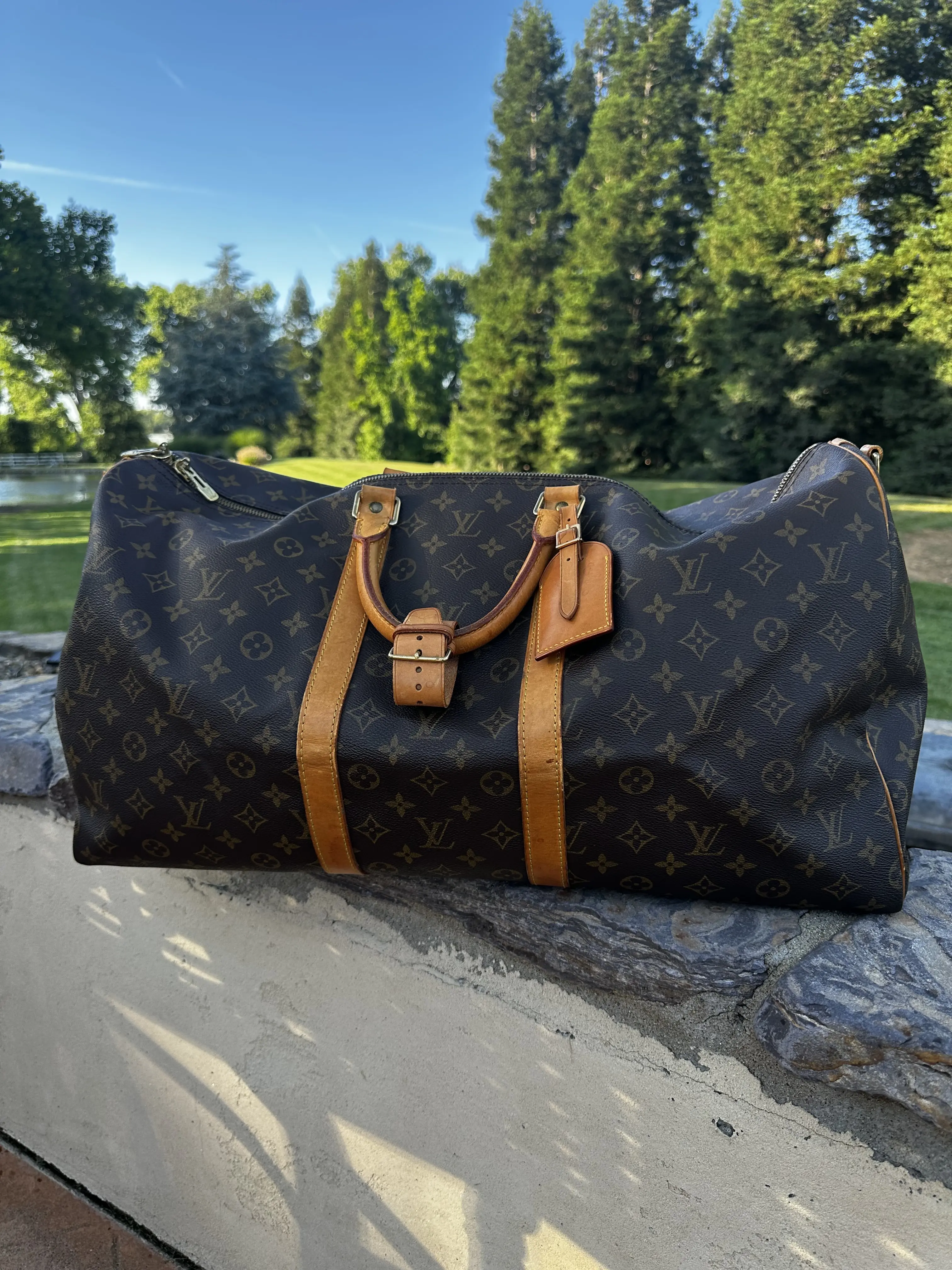 Pre-owned Louis Vuitton Coated Leather Luggage Vintage Keepall Bandolier 55