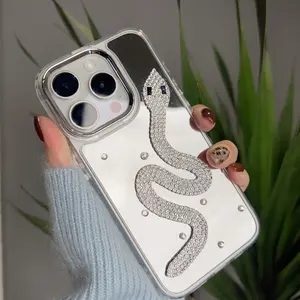 Labzone Luxury Diamond Phone case for iPhone 16 Pro Max, 15 Pro Max Phone Cover with Silver Snake  Design, Mirror with Rhinestones for Girls Women Makeup, Bumper Slim Anti-Drop Protective Case for iPhone 14 Pro Max