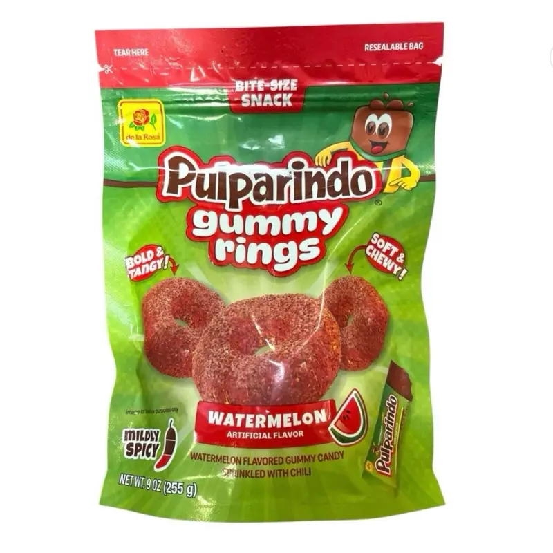 Pulparindo Gummy Rings Watermelon 9 oz bag Spicy Tangy Snack