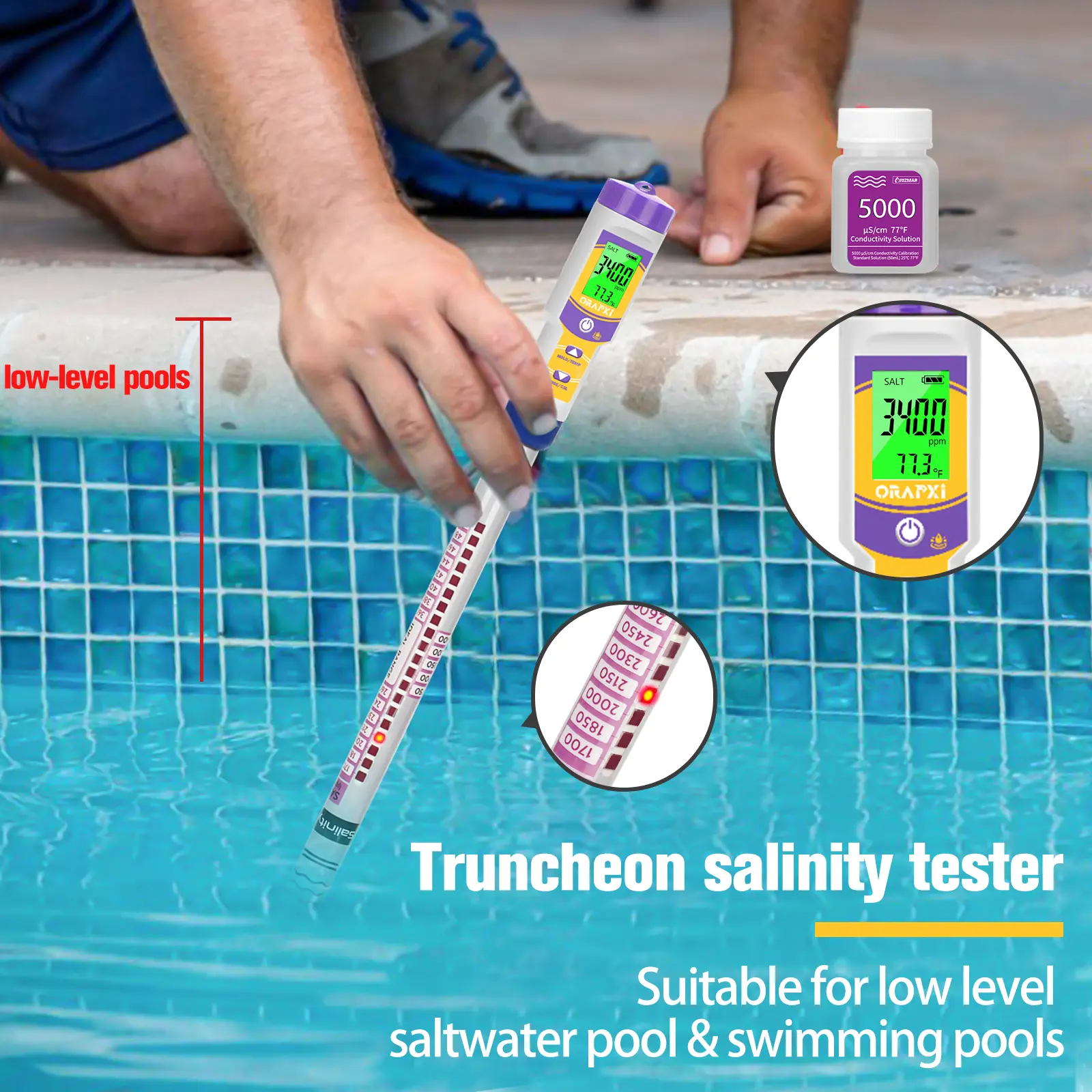 ORAPXI Fully Assembled Digital Salinity Tester - 21-in Long Probe, Batteries Built-in, HD Backlight Dual LCD Display, Accurate Measurement for Balanced Water Chemistry in Swimming Pools, Hot Tubs