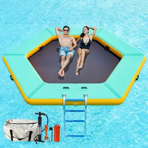 AMERLIFE 8FT/10FT/12FT Hexagon/Circle/Triangle Inflatable Water Hammock for Adults, Floating Raft Dock Platform with Mesh, Heavy Duty Water Float Dock for Lake, Beach, Summer Party