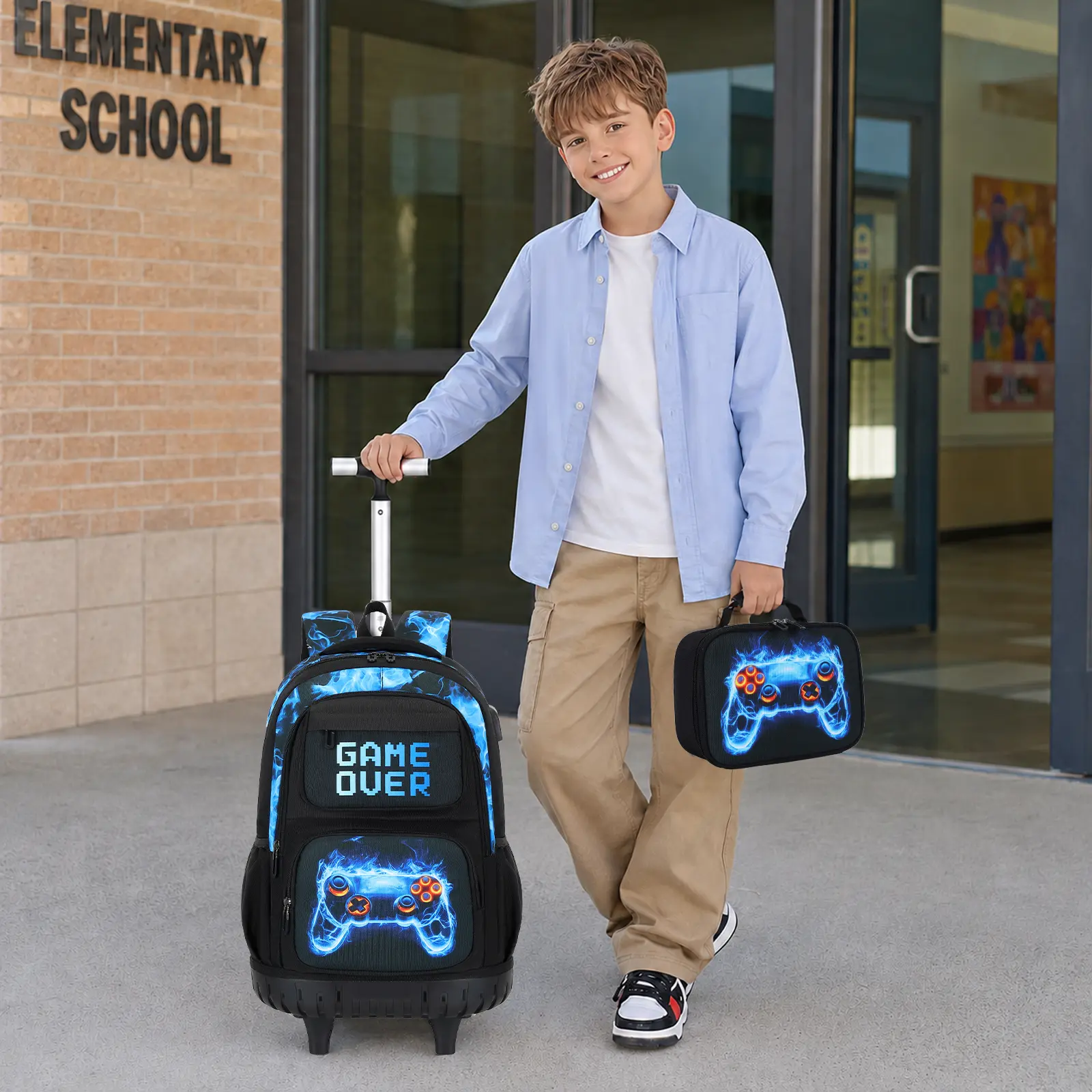 Similove Rolling Backpack for Boys, Large Durable,Light Weight, Durable, Halloween 18.8"*11.8"*7.5" Bookbag Bag Set with Lunch Bag and Pencil Case, Travel Backpack with Wheels Organiser