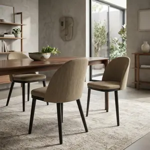 Set of 2 Modern Dining Chairs Linen Upholstered Thick Cushioned Seat Curved Backrest Sturdy Wood Legs Accent Side Chairs for Dining Room Living Room and Cafe Beige