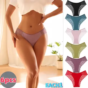 6 Pack Women's Assorted Color Contrast Lace Panties Set, Fashion Comfy Soft Breathable Scalloped Trim No Show Cotton Crotch Underwear for Daily Casual Everyday Wear