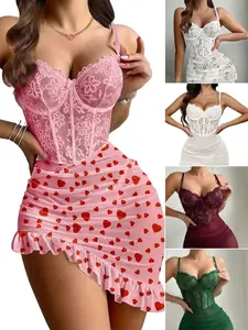Women's Sexy Corset Bodycon Ruffle Floral Lace Sheer Mesh Underwire Lingerie Dress Set 2 Piece with Thong